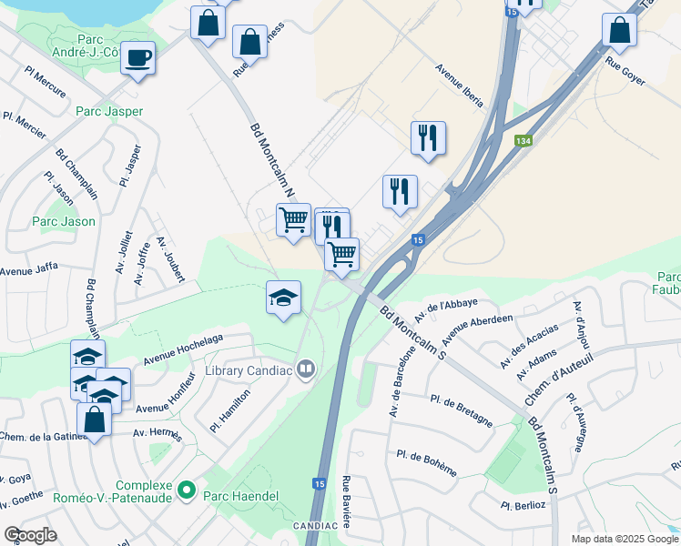map of restaurants, bars, coffee shops, grocery stores, and more near 15 Boulevard Montcalm Nord in Candiac