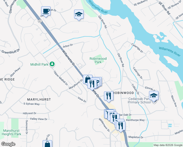map of restaurants, bars, coffee shops, grocery stores, and more near 3689 Fairview Way in West Linn