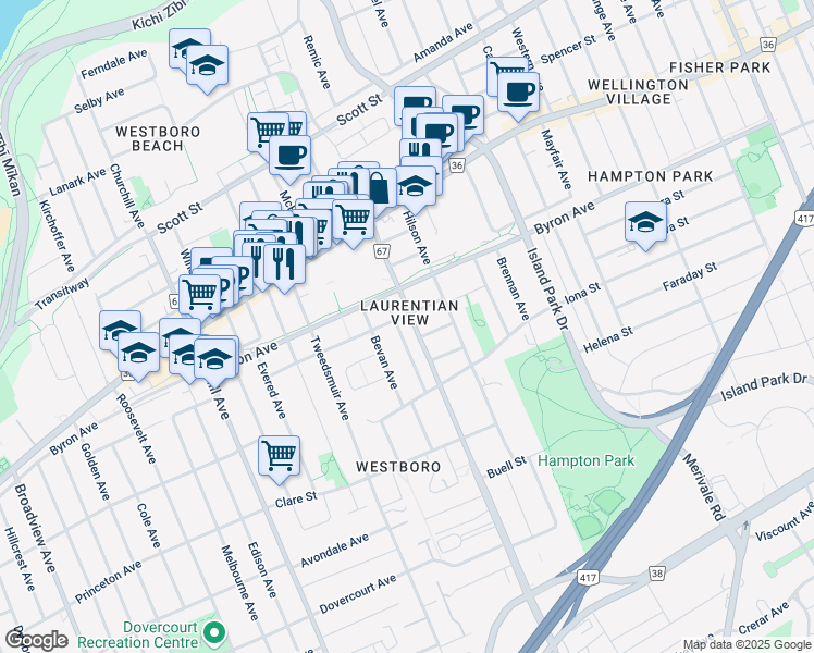 map of restaurants, bars, coffee shops, grocery stores, and more near 165 Wesley Avenue in Ottawa