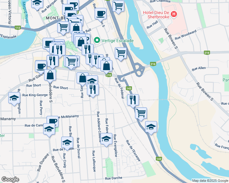 map of restaurants, bars, coffee shops, grocery stores, and more near 929 Rue Carmen in Sherbrooke