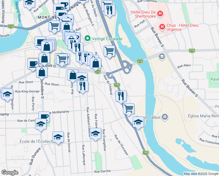 map of restaurants, bars, coffee shops, grocery stores, and more near 923 Rue du Fédéral in Sherbrooke
