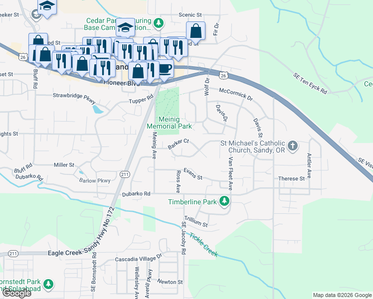 map of restaurants, bars, coffee shops, grocery stores, and more near 39501 Evans Street in Sandy