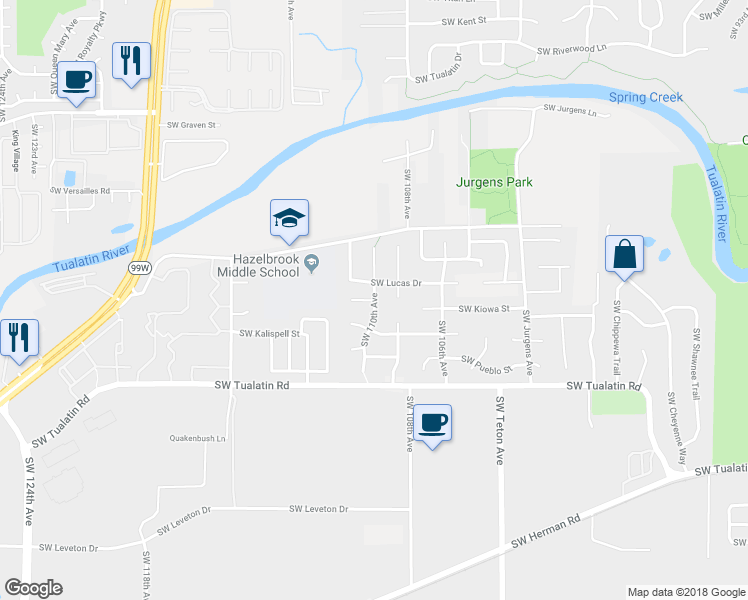 map of restaurants, bars, coffee shops, grocery stores, and more near 17807 Southwest 110th Avenue in Tualatin