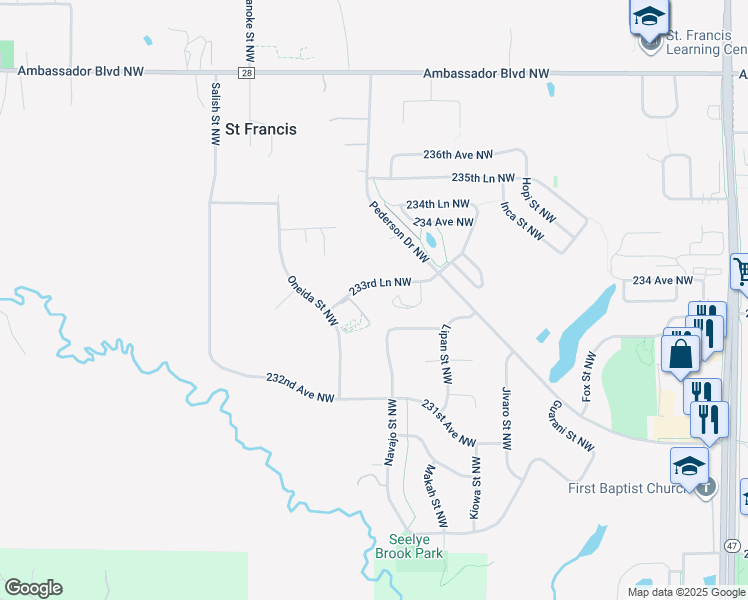 map of restaurants, bars, coffee shops, grocery stores, and more near 4553 233rd Lane Northwest in Saint Francis