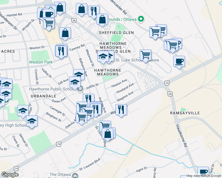 map of restaurants, bars, coffee shops, grocery stores, and more near 2403 Heaton Avenue in Ottawa