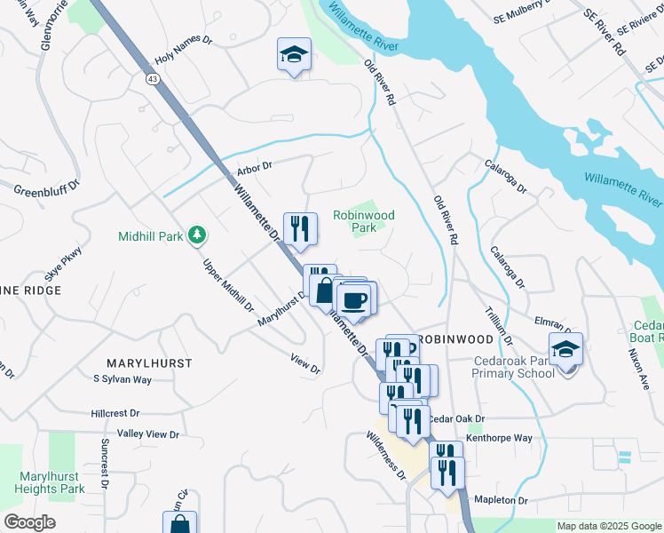 map of restaurants, bars, coffee shops, grocery stores, and more near 18310 Shady Hollow Way in West Linn