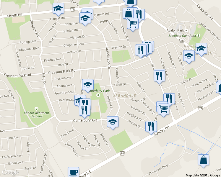 map of restaurants, bars, coffee shops, grocery stores, and more near in Ottawa