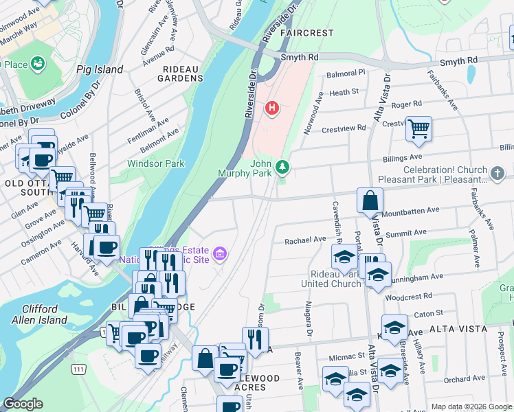 map of restaurants, bars, coffee shops, grocery stores, and more near in Ottawa