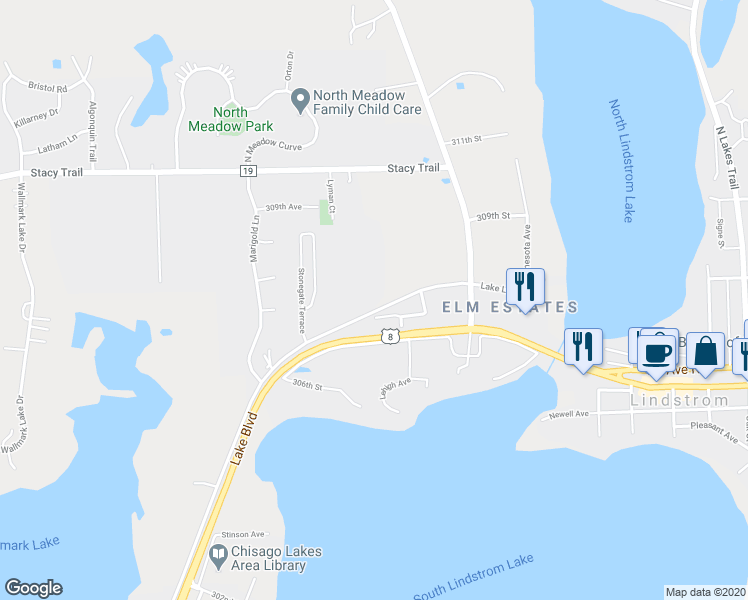 map of restaurants, bars, coffee shops, grocery stores, and more near 12102 Lake Lane in Lindstrom