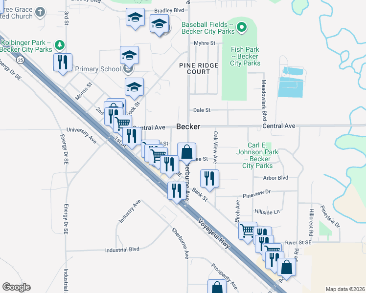 map of restaurants, bars, coffee shops, grocery stores, and more near 13925 Central Avenue in Becker