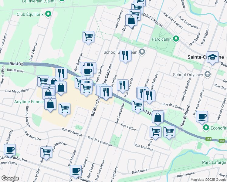 map of restaurants, bars, coffee shops, grocery stores, and more near 5510 Québec 132 in Sainte-Catherine