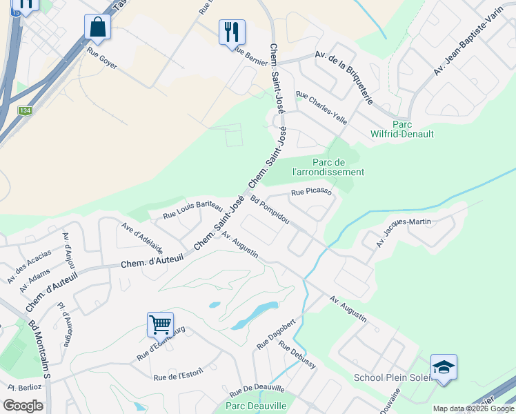 map of restaurants, bars, coffee shops, grocery stores, and more near 105 Boulevard Pompidou in La Prairie