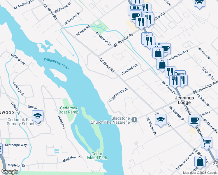 map of restaurants, bars, coffee shops, grocery stores, and more near 17971 Southeast River Road in Milwaukie