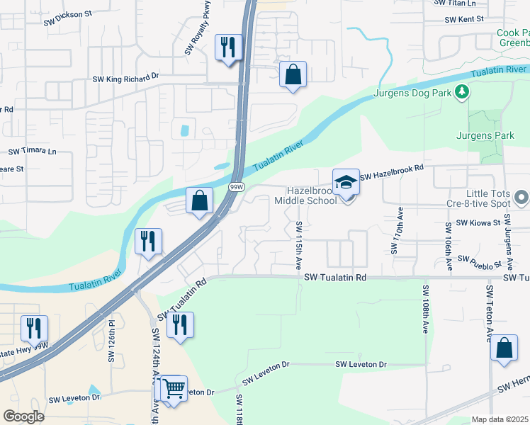 map of restaurants, bars, coffee shops, grocery stores, and more near 11865 Southwest Tualatin Road in Tualatin