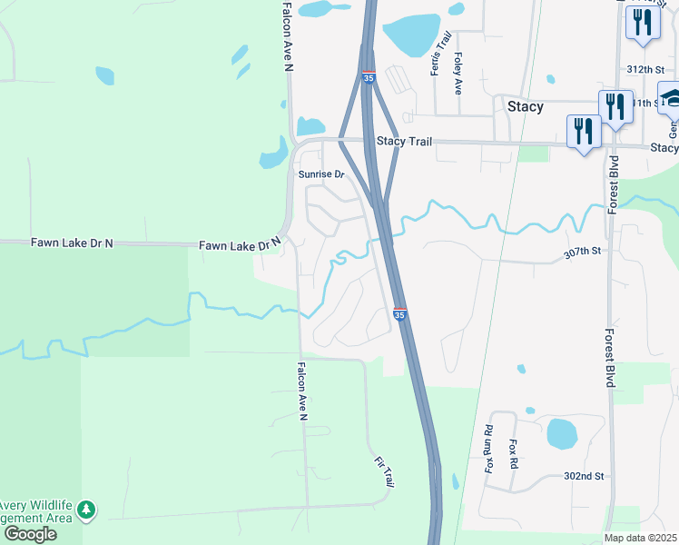 map of restaurants, bars, coffee shops, grocery stores, and more near in Stacy