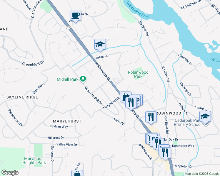map of restaurants, bars, coffee shops, grocery stores, and more near 18345 Willamette Drive in West Linn