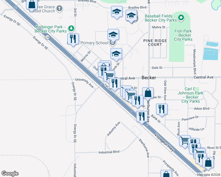 map of restaurants, bars, coffee shops, grocery stores, and more near in Becker