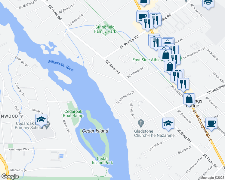 map of restaurants, bars, coffee shops, grocery stores, and more near 17971 Southeast River Road in Milwaukie