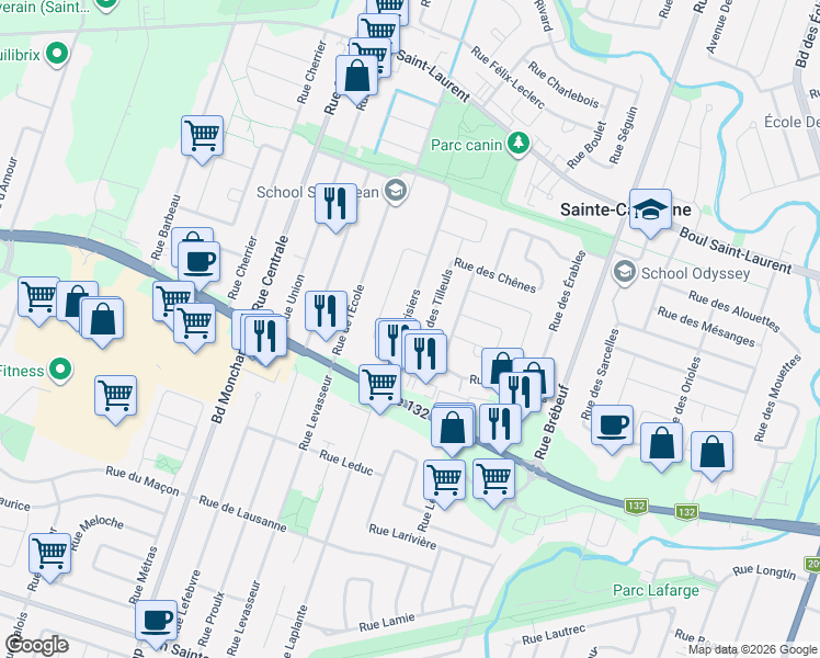 map of restaurants, bars, coffee shops, grocery stores, and more near 1765 Rue des Merisiers in Sainte-Catherine