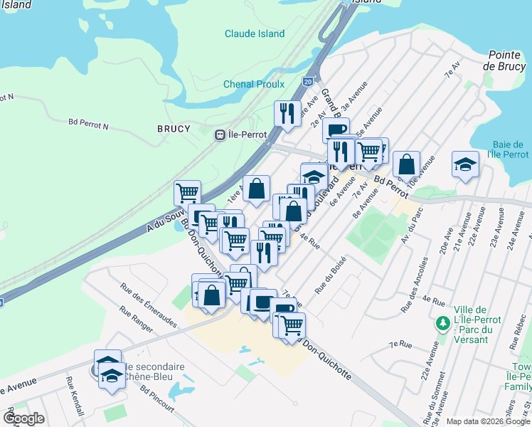 map of restaurants, bars, coffee shops, grocery stores, and more near 265 Croissant des Pionniers in L'Île-Perrot