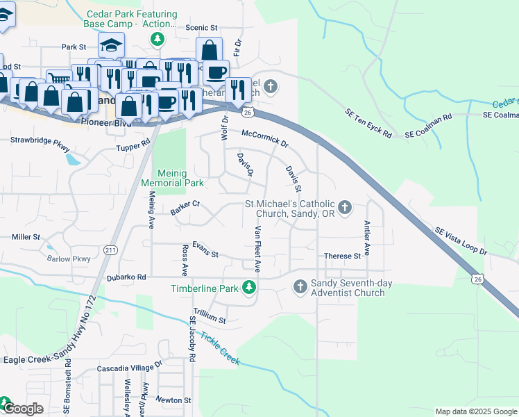 map of restaurants, bars, coffee shops, grocery stores, and more near 18025 Van Fleet Avenue in Sandy