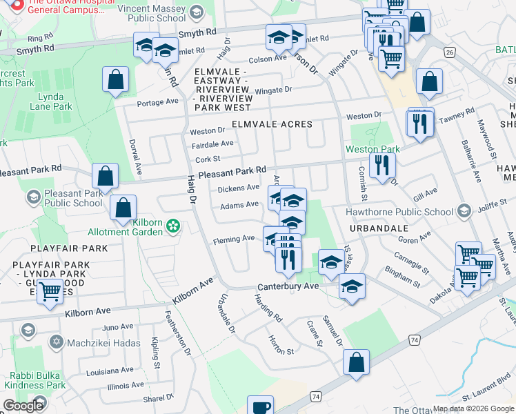 map of restaurants, bars, coffee shops, grocery stores, and more near 804 Adams Avenue in Ottawa