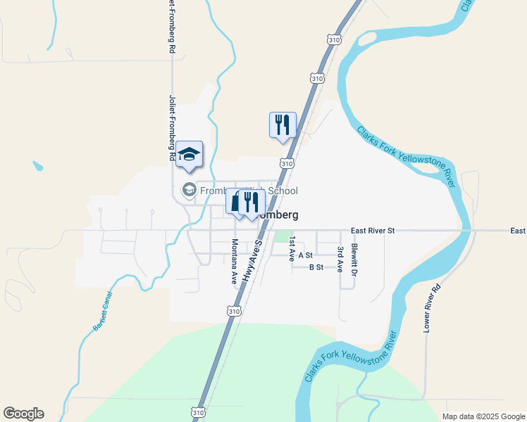 map of restaurants, bars, coffee shops, grocery stores, and more near 20 Billings Avenue in Fromberg