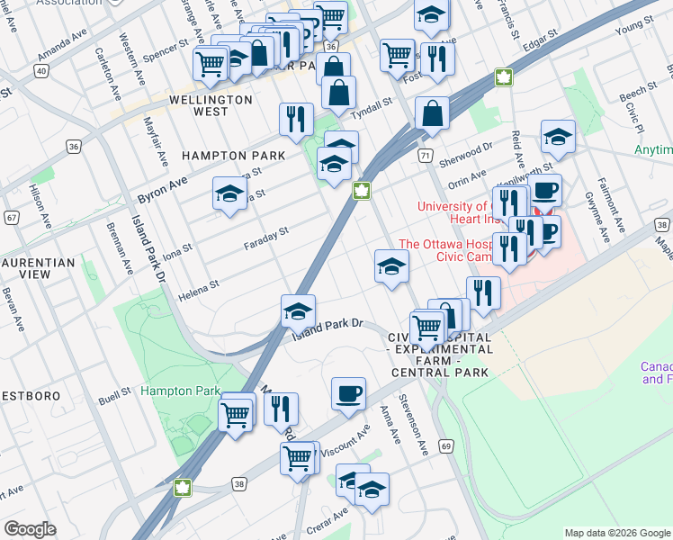 map of restaurants, bars, coffee shops, grocery stores, and more near 15 Fairfax Avenue in Ottawa
