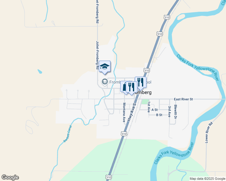 map of restaurants, bars, coffee shops, grocery stores, and more near 219 West River Street in Fromberg