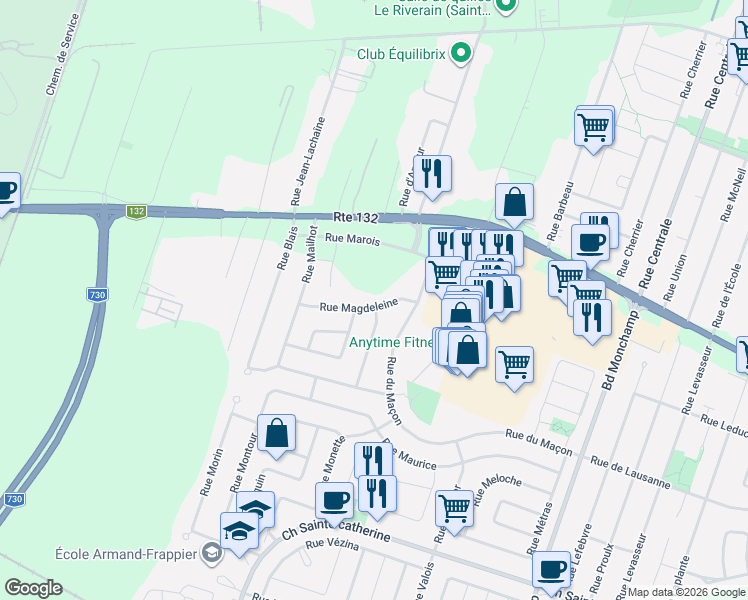 map of restaurants, bars, coffee shops, grocery stores, and more near 25 Rue Magdeleine in Saint-Constant