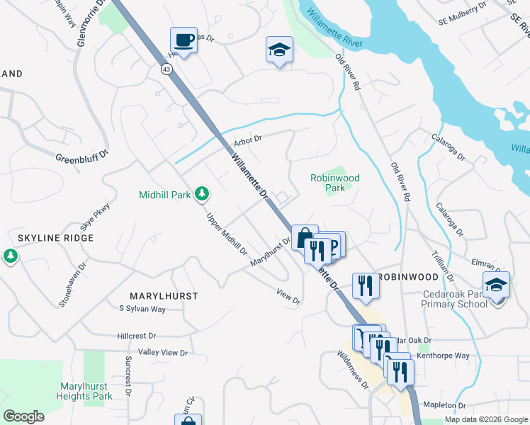 map of restaurants, bars, coffee shops, grocery stores, and more near 18335 Willamette Drive in West Linn