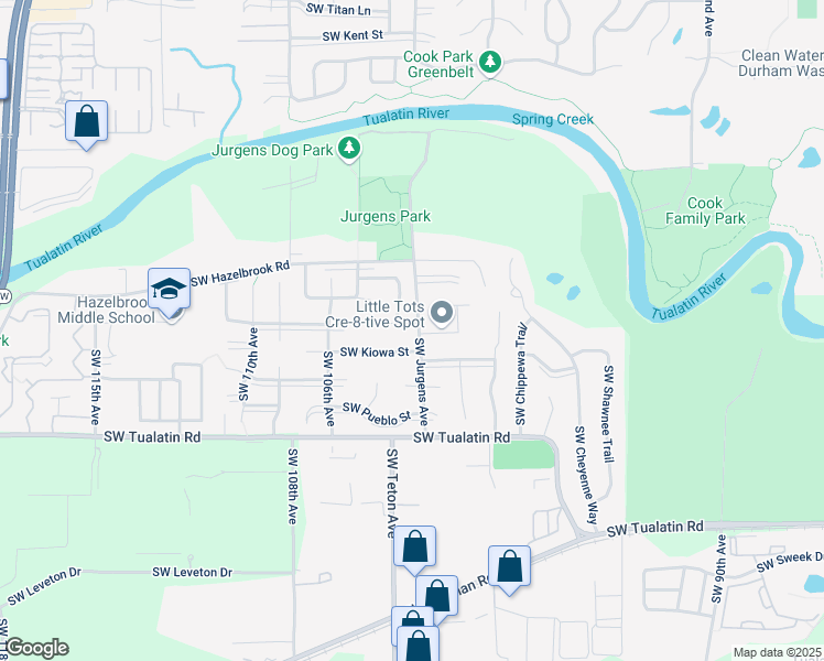 map of restaurants, bars, coffee shops, grocery stores, and more near 10270 Southwest Casteel Court in Tualatin