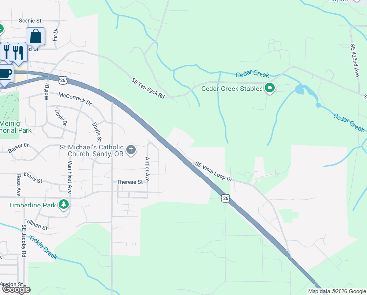 map of restaurants, bars, coffee shops, grocery stores, and more near 40747 SE Hwy 26 in Sandy