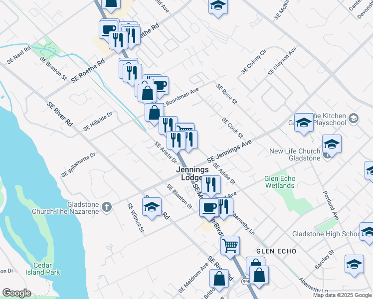 map of restaurants, bars, coffee shops, grocery stores, and more near 18017 Southeast Addie Street in Portland