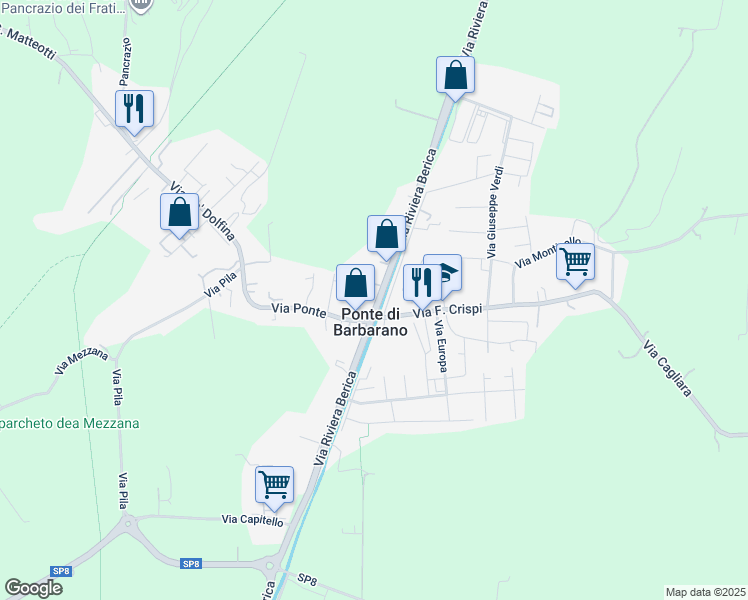 map of restaurants, bars, coffee shops, grocery stores, and more near 71 Via Riviera Berica in Ponte di Barbarano