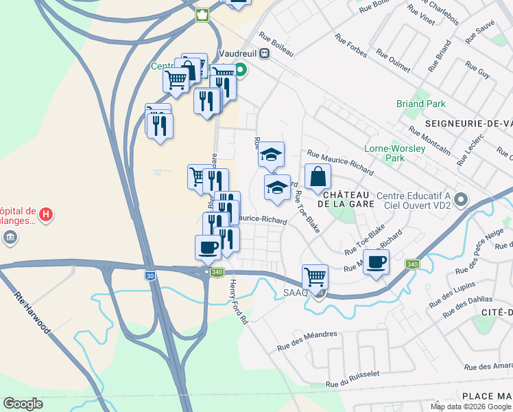 map of restaurants, bars, coffee shops, grocery stores, and more near 3710 Rue Phil-Goyette in Vaudreuil-Dorion
