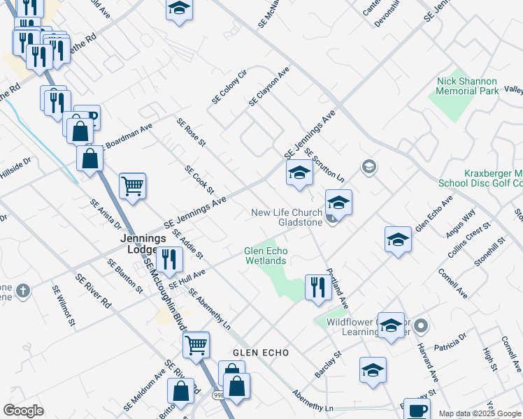 map of restaurants, bars, coffee shops, grocery stores, and more near 18035 Southeast Rose Street in Portland