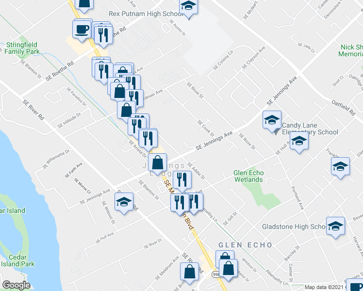 map of restaurants, bars, coffee shops, grocery stores, and more near 17960 Southeast Addie Street in Portland
