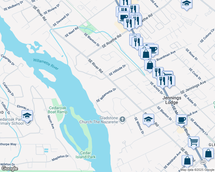 map of restaurants, bars, coffee shops, grocery stores, and more near 17999 Southeast River Road in Milwaukie