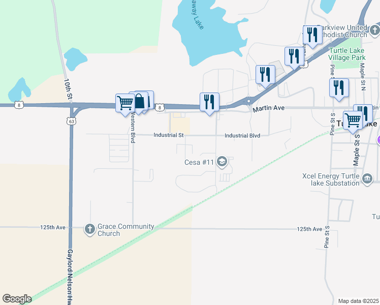 map of restaurants, bars, coffee shops, grocery stores, and more near 201 Hickory Street in Turtle Lake