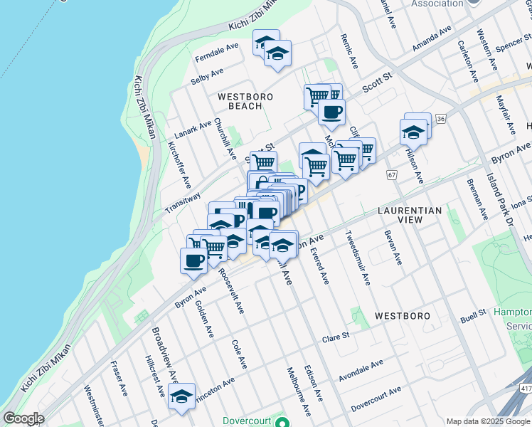 map of restaurants, bars, coffee shops, grocery stores, and more near 381 Churchill Avenue North in Ottawa