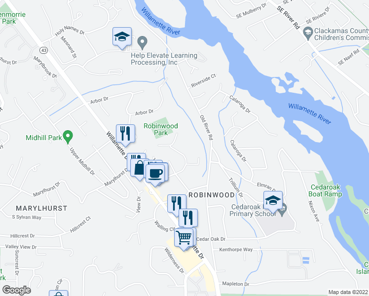 map of restaurants, bars, coffee shops, grocery stores, and more near 3502 Fairview Way in West Linn