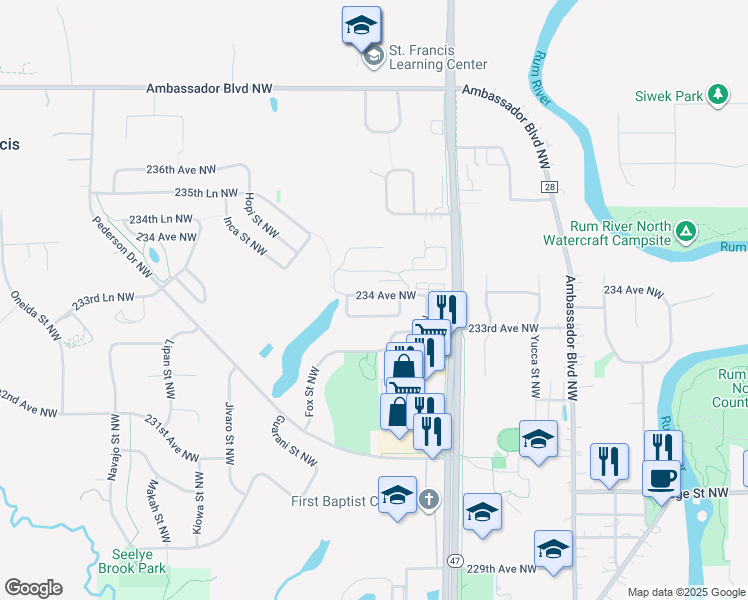 map of restaurants, bars, coffee shops, grocery stores, and more near 4128 234 Avenue Northwest in Saint Francis