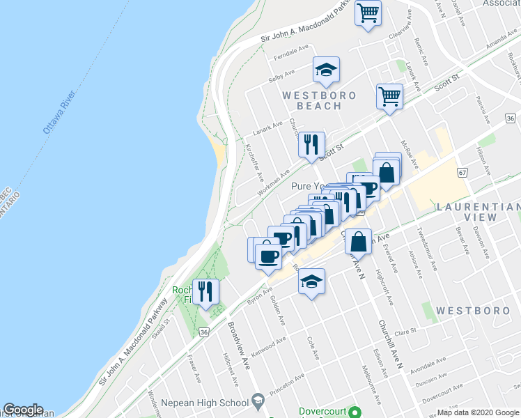 map of restaurants, bars, coffee shops, grocery stores, and more near in Ottawa