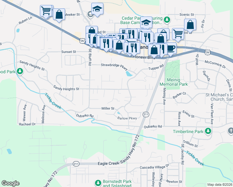 map of restaurants, bars, coffee shops, grocery stores, and more near 18052 Seaman Avenue in Sandy