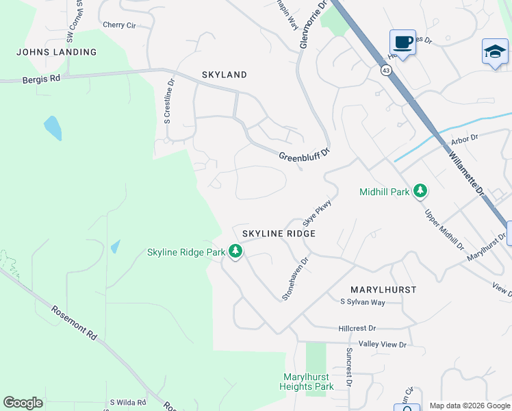 map of restaurants, bars, coffee shops, grocery stores, and more near 18028 Skyland Circle in Lake Oswego