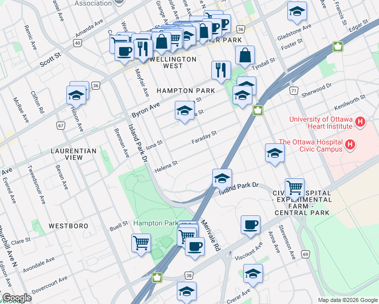 map of restaurants, bars, coffee shops, grocery stores, and more near in Ottawa