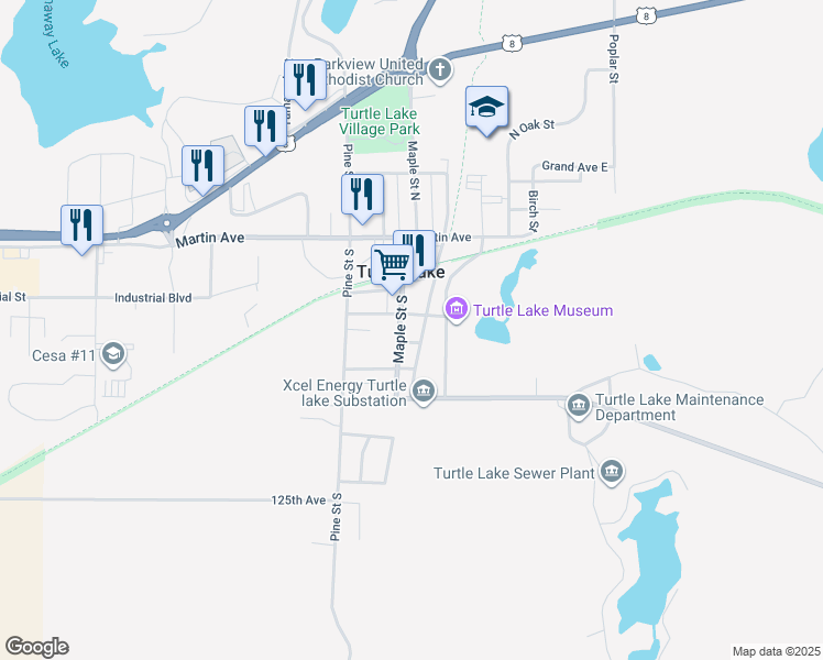 map of restaurants, bars, coffee shops, grocery stores, and more near 304 Maple Street South in Turtle Lake