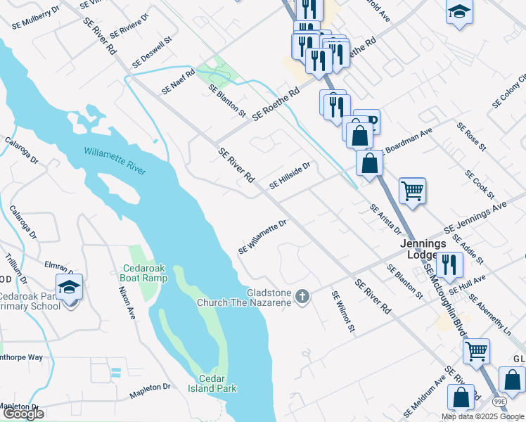 map of restaurants, bars, coffee shops, grocery stores, and more near 17999 Southeast River Road in Milwaukie