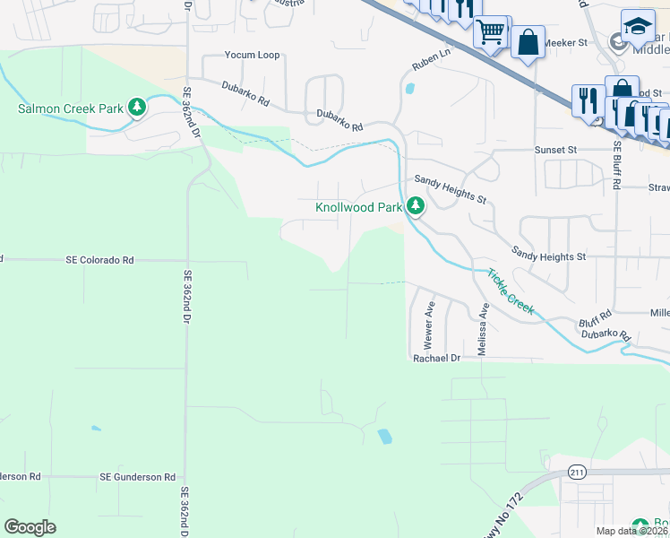 map of restaurants, bars, coffee shops, grocery stores, and more near 18031 Southeast 370th Avenue in Sandy